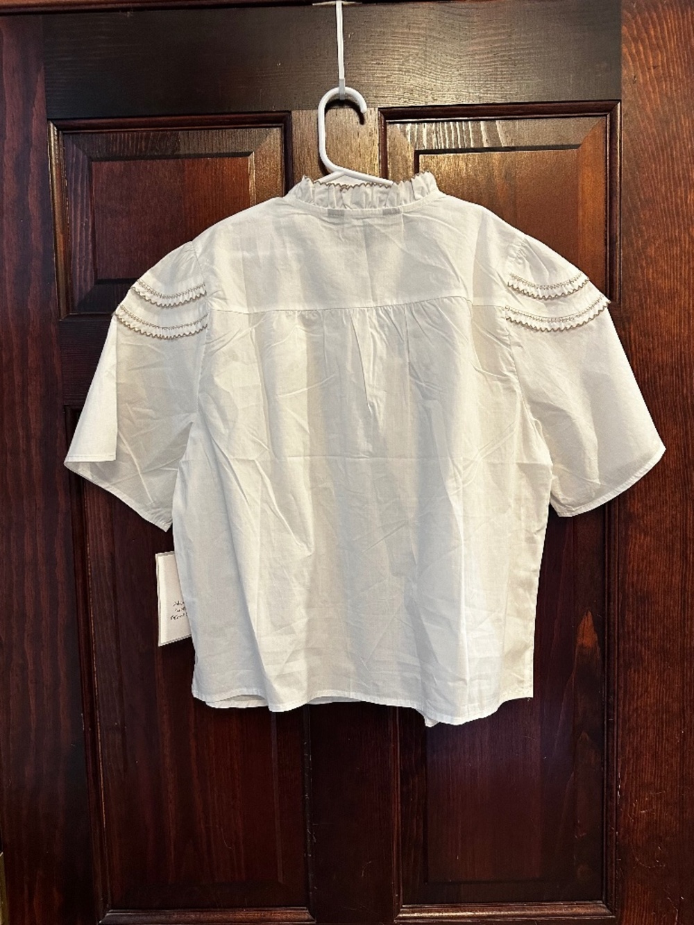 NWT Calligraphie Ivory 8 Button Cotton Short Sleeve Top Sz M w Taupe Stitching - Picture 6 of 6